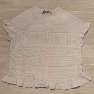 Zara White Knit Top with Ruffle Sleeves Small